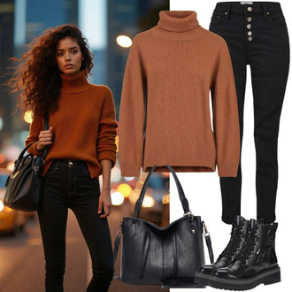 outfit mit Rjava/Bež Fini Pleteni Pulover/Osnovni Pulover/Pulover z ovratnikom/Pulover Carmen Pepe Jeans "Jesenski trendovski outfit"
