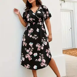 Plus Size Elegant Dress, Women's Plus Floral Print Sleeve Surplice Neck Round Hem Maxi Dress