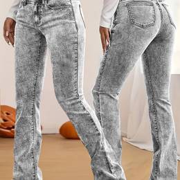 Women's Casual Skinny Flare Jeans, 70% Viscose 24% Polyester 6% Spandex, Long Length, Low Waist, Button Fly, Medium Stretch, All , Solid Color,