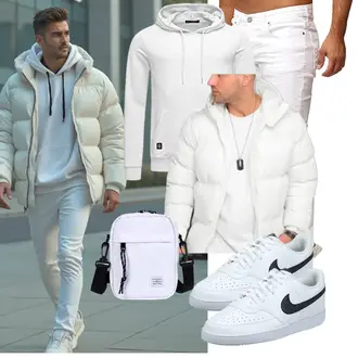 Normale Passform Outfit mit Weiß/Creme Thermojacke/Kunstfaserjacke/Schlupfjacke/Winterjacke/Daunenjacke/Sommerdaunenjacke/Kapuzenjacke Behype "Freizeit Outfit"