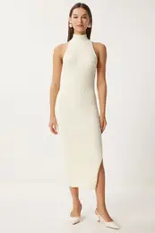 Happiness stanbul Women's Bone Off-Shoulder Wrapped Ribbed Knit Dress