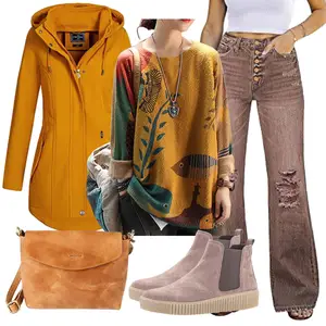 Outfit mit Braun Lederjacke/Löcherne Hose/Schlaghose/Schlaghose Jeans/Lederjacke/Jeans mit Schlitz/Hose mit Schlitz/Jeans mit Loch/Low Waist Baggy Jeans Roskiky "Perfekt für den Herbst"