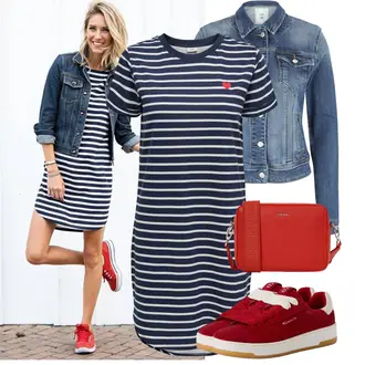 Knielang Outfit mit Dunkelblau/Rot/Rosa Jerseykleid/Polokleid/Etuikleid/T-Shirt Kleid JdY, Rot Leder Sneaker/Sneaker Low/Plateau-Sneaker/Skateschuh/Schmaler Sneaker/Sneaker Mit Klettverschluss/Sommer Sneaker Tamaris "Stilvoller Look für die Freizeit"