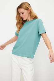 Turquoise 100% Cotton Basic Crew Neck Knitted T-Shirt