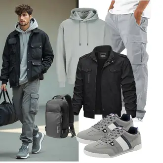 Stehkragen Outfit mit Schwarz/Dunkelgrau/Grau Uniformjacke/Bikerjacke/Trachtenstrickjacke/Cargojacke/Herbstjacke/Fliegerjacke/Jacke mit Seitlichem Reißverschluss/Motorradjacke/Militärjacke KEFITEVD "sport outfit"