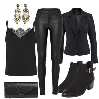 Party Outfits mit Schwarz/Weiß Lederjacke/Lederimitathose/Lederlegging/Leggings Lederoptik/Lederhose/Skinny Hose/Treggings/Biker Jeans/Thermojeans Vila "HappyNewYear"