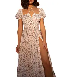 shownicer Damen Kleider Sexy Schulterfrei Blumen Sommerkleid Hohe Taille Lange Strandkleid Puffärmel Boho Kleid Kordelzug Maxikleid mit Schlitz A Hell-Pink S