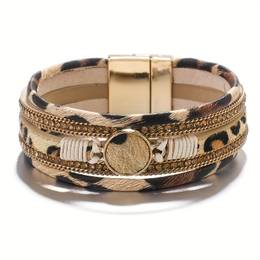 1pc Chic Leopard Print Wide Cuff Bangle Bracelet With Rhinestone Accents - Vintage Style Leather Wrap Bangle For Women, Comfortable Bohemian