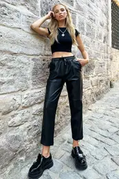 Trend Alaat Stili Women's Black Tied Waist Knee Seam Detail Joggers Pants