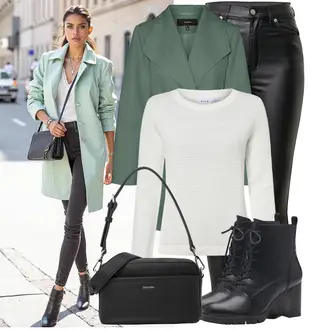 Outfit sa Crna/Tamnozelena/Zeleno/Bijela Kožna Jakna/Bikerske Traperice/High Waist Traperice/Traperice s Prorezom/Termo Traperice Dr. Denim "Trendovska jesenska odjeća"