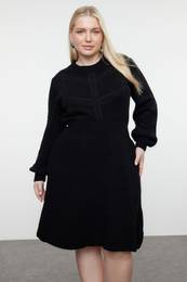 Curve Black Knitted Detailed Corduroy Knitwear Dress
