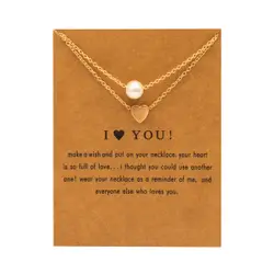 Bixorp Luck Gouden Dubbele Dames Ketting met Parel en Hartje -  I heart you  - 45/50cm - Cadeau voor Vrouw - Goudkleurig