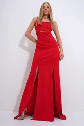 Trend Alaat Stili Women's Red Adjustable Strap Out Cut Slit Graduation Dress