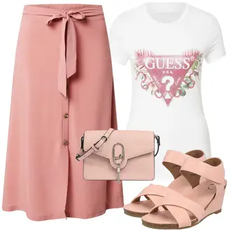 Outfit mit Rosa 60er Jahre Rock/A Linien Rock/Wadenlanger Rock/Ausgestellter Rock/Knielanger Rock/Midirock/Moderne Rock/Standesamt Rock/Short Große Größe/Kleid Große Größe About You "Perfekt für den Sommer"