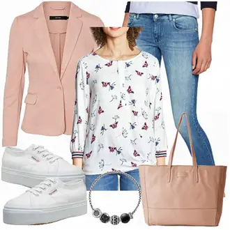 Outfit mit Blau/Fliederfarben/Lila Schluppenbluse/3/4 Bluse/Verspielte Bluse/Langarmbluse/Schlupfbluse/Gemusterte Bluse/Bluse Oberteil/Lederjacke/Sportliche Bluse/Bluse Mit Schleife/Druckbluse Street One "Street One"