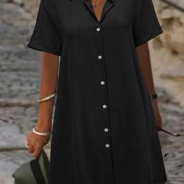 1pc Size Women's Shirt Dress - Chic Mid-length, Button-up Collar, Solid Red Polyester, Machine Washable, , Smooth Fabric, Knee-length Design