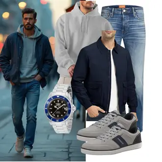 Streetwear Outfit mit Dunkelblau/Blau/Hellblau Übergangsjacke/Frühlingsjacke/Sommerjacke/Uniformjacke/Fliegerjacke/Bomberjacke donhobo "Freizeit Outfit"Look: Streetwear, Outdoor, Stil, Metal, Indoor, Dad, Workwear, Büro, Preppy, Smart Casual, Maritim, Unisex, Sportlich