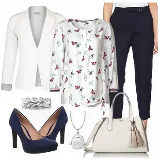 Outfit mit Blau/Fliederfarben/Lila Schluppenbluse/3/4 Bluse/Verspielte Bluse/Langarmbluse/Schlupfbluse/Gemusterte Bluse/Bluse Oberteil/Lederjacke/Sportliche Bluse/Bluse Mit Schleife/Druckbluse Street One "Street One"