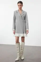 Gray Pleated Mini Woven Jacket Dress