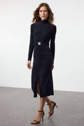 Navy Blue Fitted High Collar Draped Belted Flexible Knitted Pencil Dress