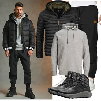 Outfit mit Schwarz/Dunkelgrün/Khaki Isolationsjacke/Daunenjacke/Kunstfaserjacke/Jacke mit Seitlichem Reißverschluss/Herbstjacke/Winterjacke/Puffer Jacke/Thermojacke/Steppjacke/Verstaubare Jacke/Kapuzenjacke Indicode "Freizeit Outfit"