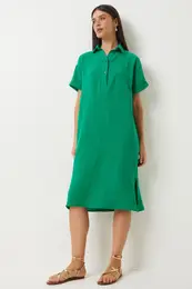 Happiness stanbul Women's Green Polo Neck Summer Loose Muslin Dress