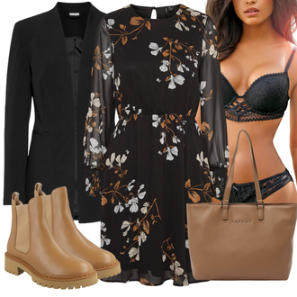 Outfit mit Schwarz/Lila BlusenKleid/HerbstKleid/Geblümte Kleid/Langärmliges WinterKleid/Langarm EtuiKleid/Bedrucktes Kleid VERO MODA "Herbstlicher Look"