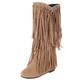 Roimaash Klassischer Franse Mokassin Stiefel Mid High Damen Low Heel Hohe Stiefel Wide Calf Winterstiefel Quasten Stiefel Flach Western Stiefel Wildleder Apricot 39