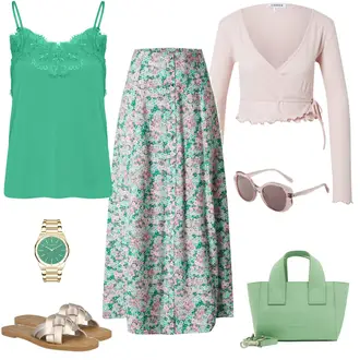 Party Outfits Hippie mit Grün Festlicher Maxi Rock/Rock Mit Blumenmuster/Italienischer Rock/Langer Rock/Maxirock/Bedruckter Rock/Vintage Maxirock Edited "Toller Sommerlook"Look: A-linie, Rad, 90er, Boho, Hippie, Irische, Mom, Schön, Romantisch, Uni, Retro