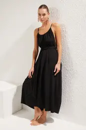 Black Maxi Woven Belted Beach Dress