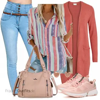Outfit mit Braun/Mischfarben/Rot Lederjacke/3/4 Bluse/Gemusterte Bluse/Druckbluse/Boho-Bluse/Longbluse/Verspielte Bluse/Crash­bluse/Bluse Oberteil Dokotoo "Buntes Herbst Outfit"