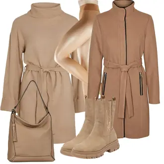 Midi Outfit sa Bež/Smeđa/Siva/Kaki Haljina Veći Broj/Pletivo Veći Broj/Tunika Vila "Jesenski outfiti"