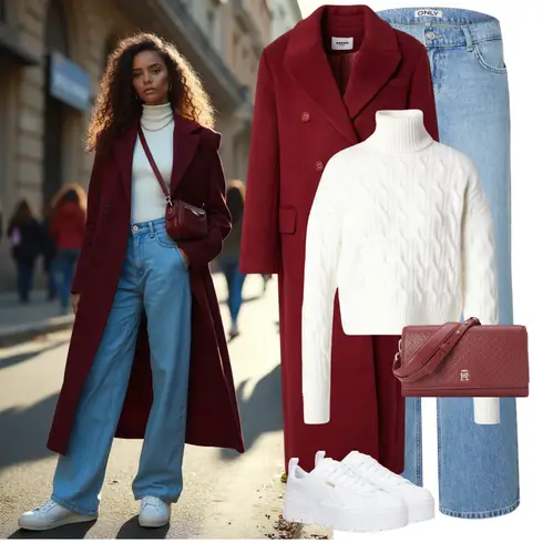 Comment poter Rouge foncé/Rouge Grande Taille Manteau/Robe Grande Taille/Manteau en Cachemire/Long manteau/Manteau Long/Long Manteau d'Hiver/Manteau Mi-long/Manteau Oversize/Manteau Caban/Manteau Vintage/Manteau en Laine kavazi avec Bleu clair Jean Large/T-shirt/Jean Dad/Jean Évasé/Jean-culotte/Jeans avec Fente/Jean Coupe Ample/Veste en Cuir pour Homme/Jeans vintage Only
