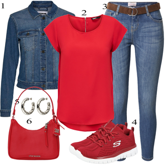Italien tenues avec Rouge Crash Blouse/Chemisier uni/Veste en cuir/Top Chemisier/Chemisier à Manches Courtes/Tunique/Chemisier Grande Taille/Chemise & Top Grande Taille Only "Une tenue cool pour tous les jours"Look: Style, Léger, Bureau, Élégant, Blocage de Couleur, Old Money, Universitaire, Italien, Années 20