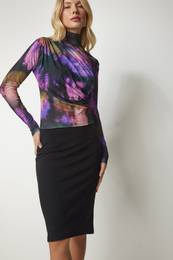 Happiness stanbul Women's Purple Black Draped High Collar Sandy Blouse