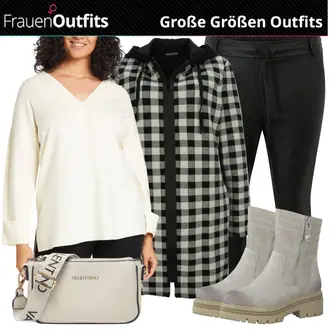 Unisex Outfit mit Creme/Khaki/Weiß/Beige Strick Große/Tunika/Klassische Tunika/Elegante Tunika/Lederjacke/Langarmbluse/Schlupfbluse/Tuniken-Shirt/Wikinger Tunika VERO MODA Curve "Bequemes Winter Outfit"Look: Uni, Egirl, Büro, Skater, Trachten, Unisex, Workwear, Edel, Elegant
