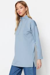 Blue Oversize Zipper Detailed Diver/Scuba Knitted Sweatshirt