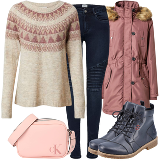 Outfit sa Plava/TamnoPlava/SvjetloPlava Čizmica Gležnjača na Vezanje/Ravna Gležnjača/cipela na vezanje/kožena cipela/sigurna cipela/Podstavljena Gležnjača/Kožna Jakna/Kožna gležnjača Rieker "Outfit za zimu"
