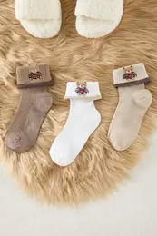 Brown-White-Beige 3-Pack Teddy Bear Jacquard Knitted Socks