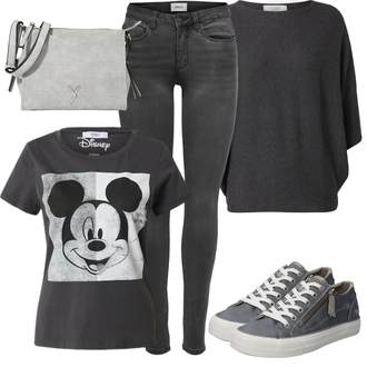 Outfit mit Schwarz/Grau/Dunkelgrau Strick Große/Klassische Tunika/Lederjacke/Oversize Bluse/Tuniken-Shirt/Shirt & Top Große Größe/Tunika/Pullover Mit Fledermausärmel/Kaschmir Pullover JdY "Perfekt für die Freizeit"