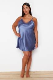 Curve Blue Lace Collar Mini Satin Woven Nightgown
