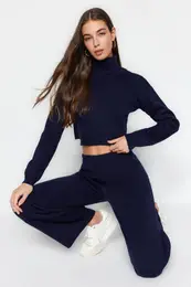 Navy Blue Lacing Detajl pulover, hlae Pletenine Zgornja obleka