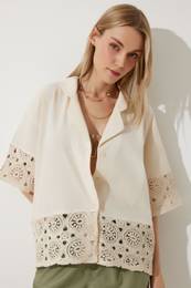 Happiness stanbul Women's Beige Laced Raw Linen Shirt