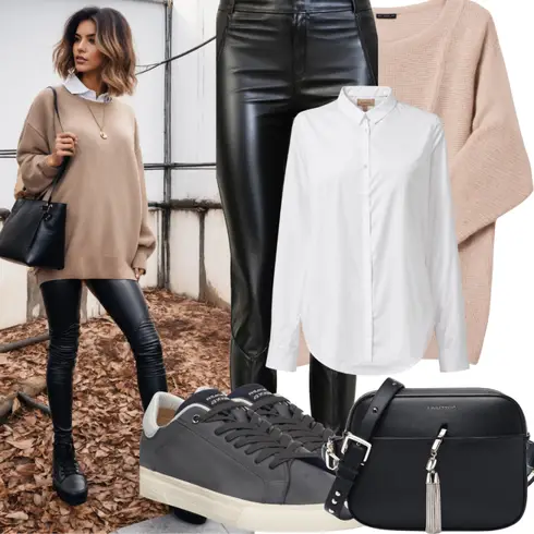 Kombinirajte Crna/Bijela Hlače Kožna Hlača/Hlače od Umjetne Kože/Jeggings/Kožne tajice/Tajice Kožnog Izgleda/Tajice s Prorezom/Skinny Hlače/Treggings/Tajice od Vinila Noisy may s Krem/Bijela Poslovna košulja/Poslovna košulja/Košulja s Bluzom/Košulja koja se ne pegla MOS MOSH