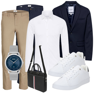 Reverskragen Outfit mit Dunkelblau/Hellblau/Blau Sakko/Wolle Strickjacke/Strickjacke Gefüttert/Kaschmir-Strickjacke/Baumwoll Strickjacke/Strickjacke Tracht/Stehkragen-Strickjacke/Sweatblazer/Boyfriend Blazer/Lederjacke Only & Sons "Business Outfit"