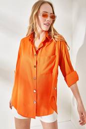 Women's Orange Button Detailed Oversize Woven Shirt