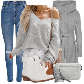 Cowgirl Outfit mit Grau/Beige/Creme/Weiß/Silber Cowboy Stiefel/Western Stiefelette/CowboyStiefel Elara "Perfekt für den Herbst"Look: Stil, Trendige, Edel, Feine, Cowgirl, Western, Country Styl