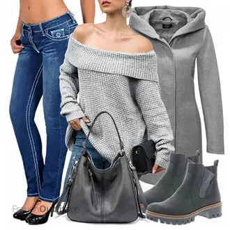 Wasserfall-Ausschnitt Outfit mit Grau/Dunkelgrau/Hellgrau Wintermantel Wollmantel/Softshell Mantel/Schmal Geschnittener Mantel/Mantel mit Reißverschluss/Wollfleece Mantel/Fleecemantel/Scuba-Mantel/Strickfleece Mantel Only "Schickes Herbst Outfit"