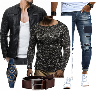 Wolle-seide Outfit mit Schwarz Jacke mit Seitlichem Reißverschluss/Motorradjacke/KunstLederjacke/Bikerjacke Redbridge "Scheckes Outfit Lederjacke"