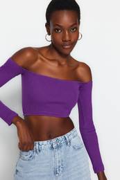 Purple Fitted Super Crop Carmen Collar Ribbed Stretch Knitted Blouse